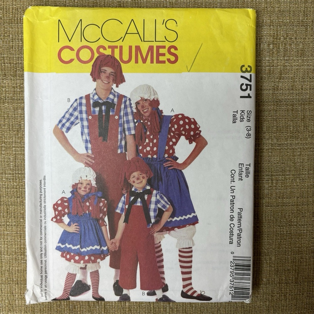 Uncut McCalls 3751 Raggedy Ann Andy Costume Sewing Pattern Kids Adult 3-8 S-XL